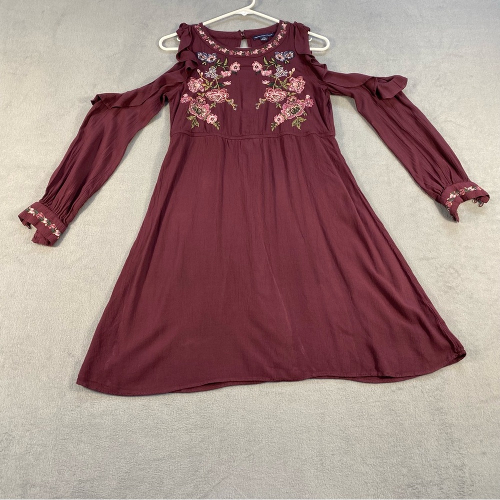 American Eagle Outfitters Maroon Floral Embroidered Cold Shoulder Dress, size S
